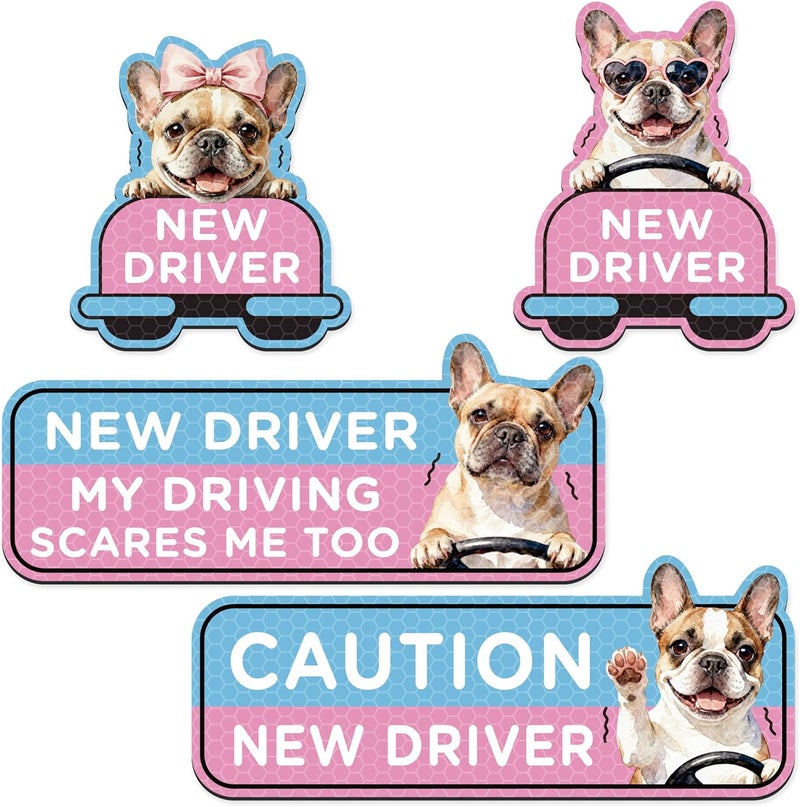 CNhoqc Student Driver Car Magnet - 4Pcs French Bulldog Please Be Patient Student New Driver Car Magnet Bumper Sticker Safety Warning Magnetic Christmas Reflective Rookie Reusable Movable Xmas Holiday - Image 1